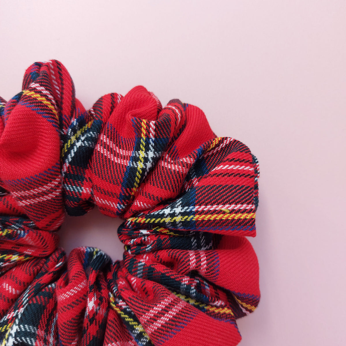 Royal Stewart tartan oversized scrunchie. Red tartan with black, yellow, blue and orange checks.