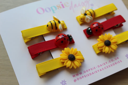 3d hair clips with bees and ladybirds
