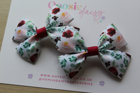 Pretty burgundy floral hair bow clips