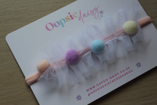 Colourful pom pom baby headband with tulle