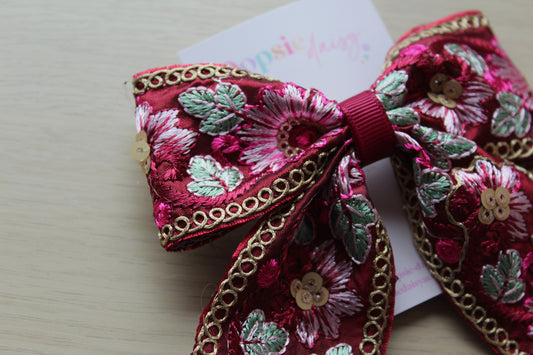 Deep Red Embroidered Hair Bow