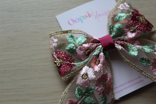 Pink & Gold Embroidered Hair Bow