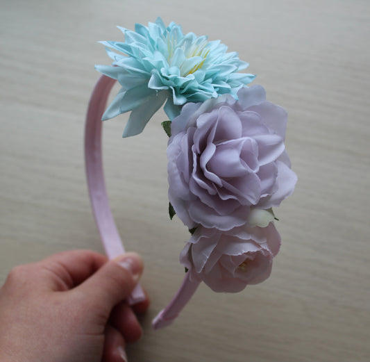 Flower Headband - Pale Pink, Turquoise & Purple