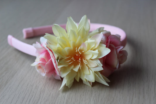 Floral headband with yellow and pink flowers