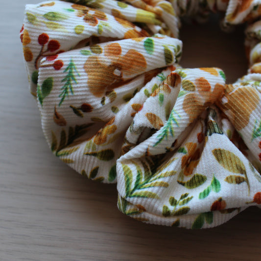 Corduroy oversized scrunchie in autumn themed floral design
