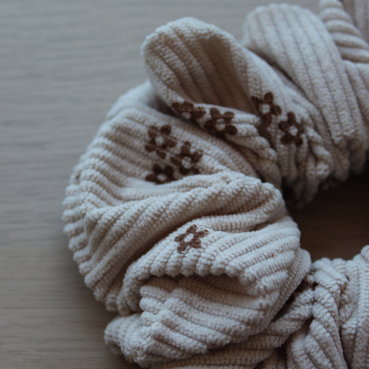 Beige floral oversized corduroy scrunchie
