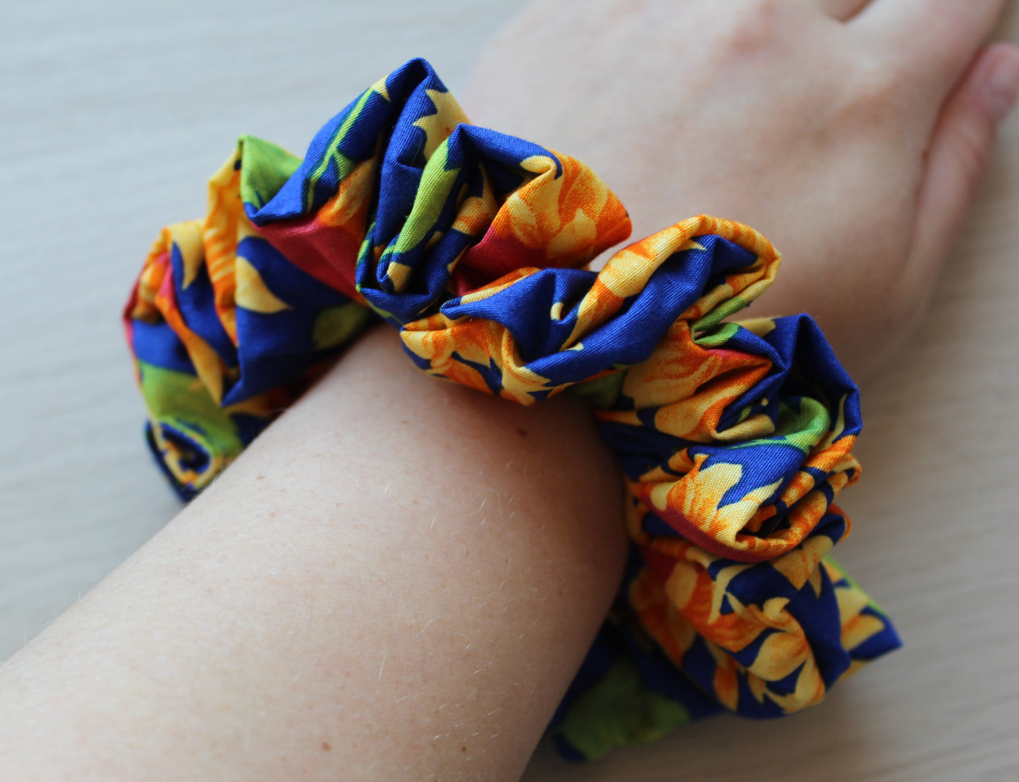 Bold blue oversized scrunchie with sunflowers