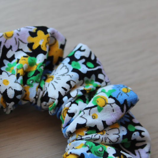 black blue and yellow flower scrunchie