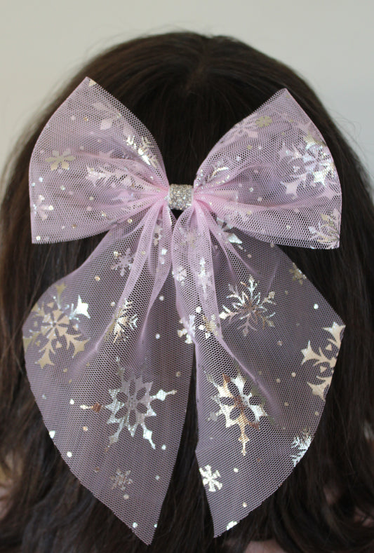 Foiled snowflake hair bow in pink