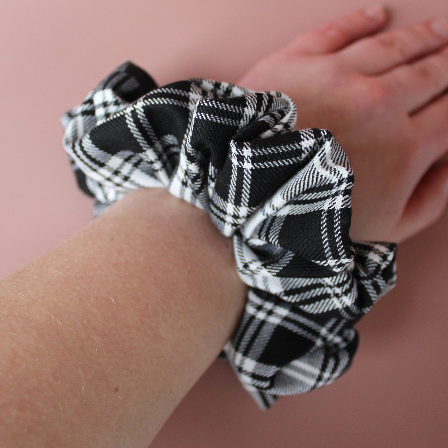 Oversized black and white monochrome plaid tartan scrunchie