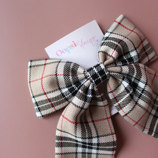 Beige and black tartan plaid hair bow