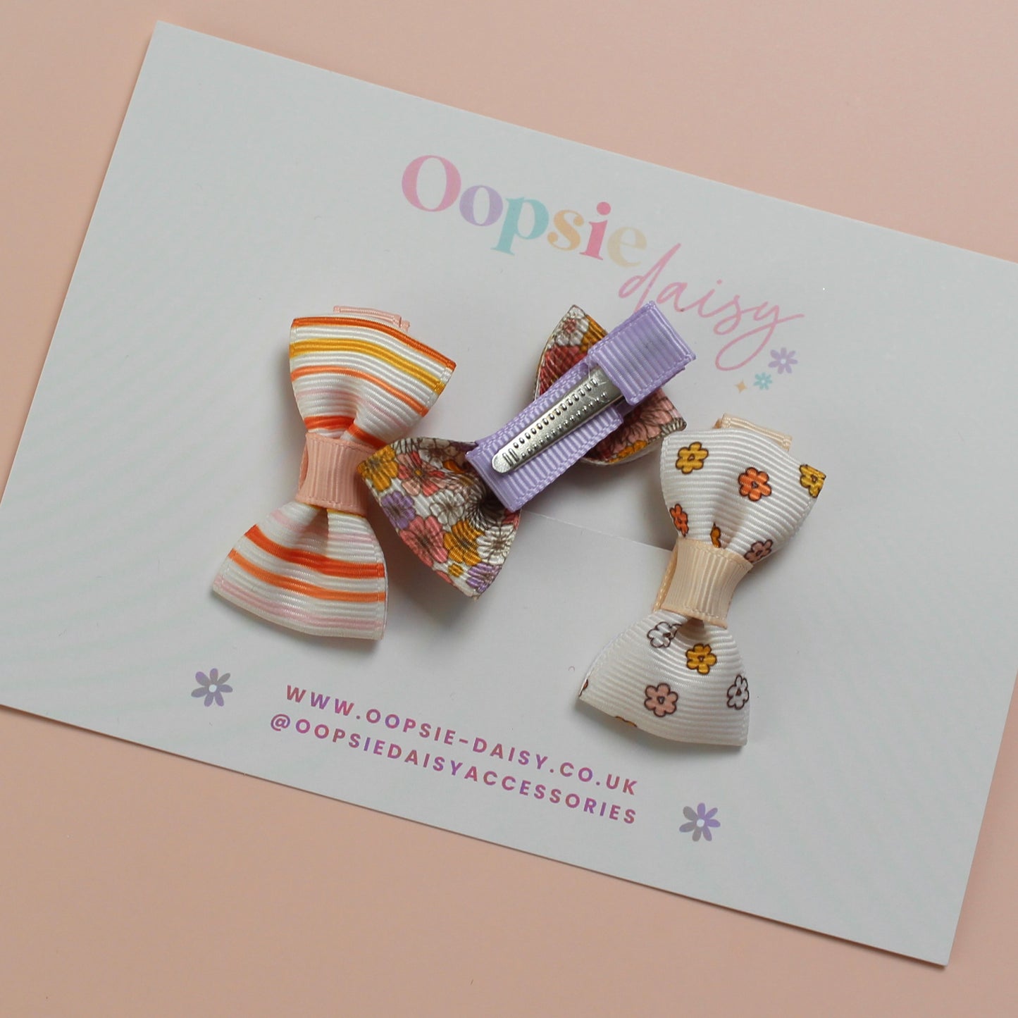 Set of 3 mini hair bow clips with flower and stripe patterns
