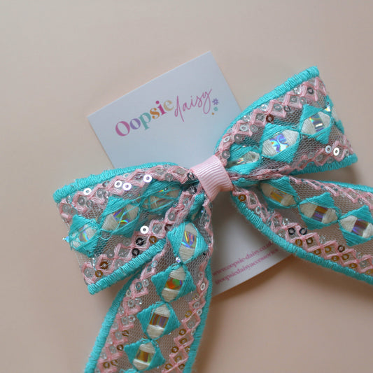 Pink & turquoise hair bow with silver sequins