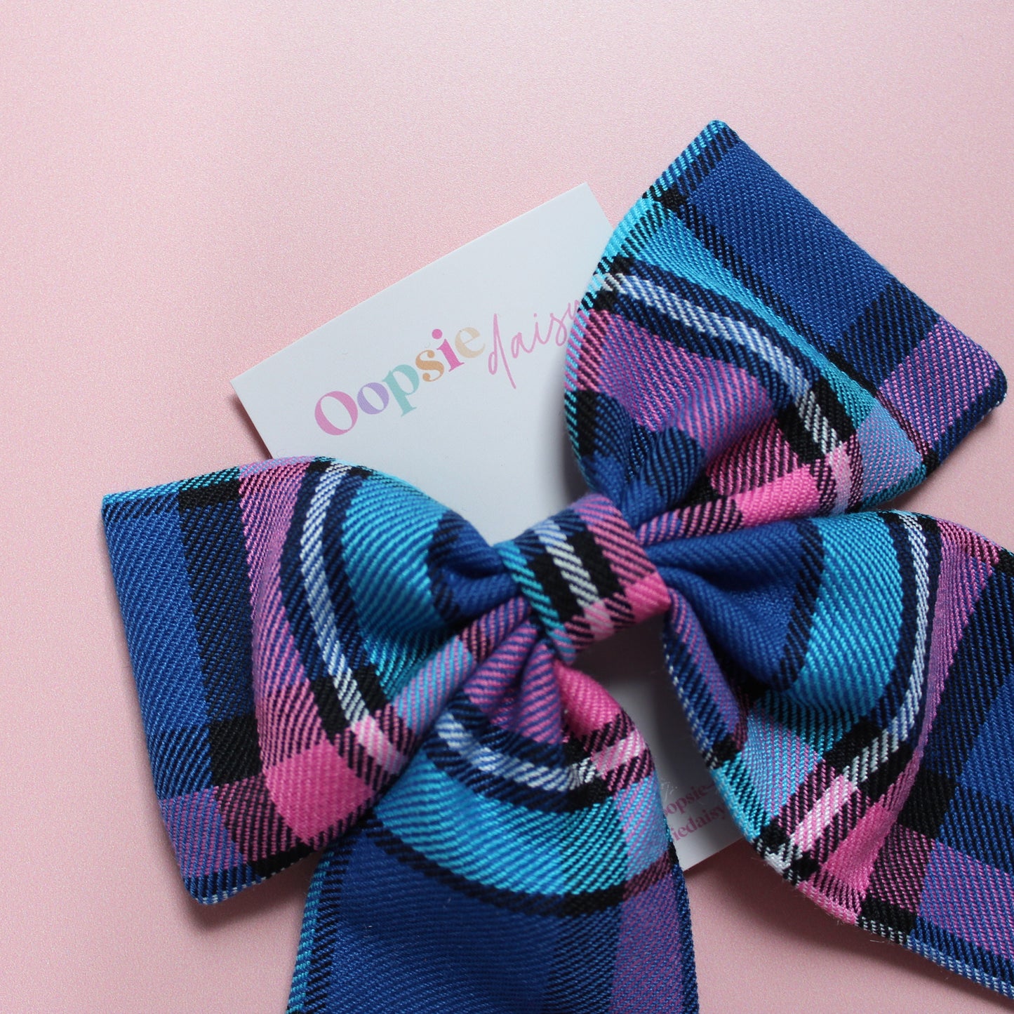 Blue & pink plaid tartan hair bow