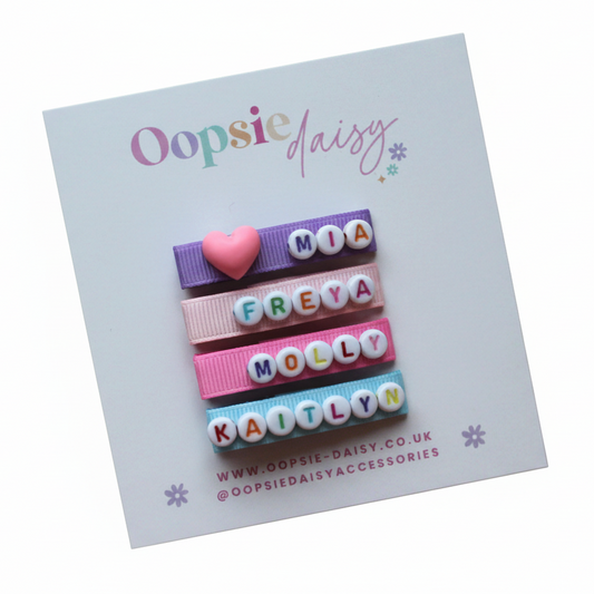 Colourful personalised name hair clip slides