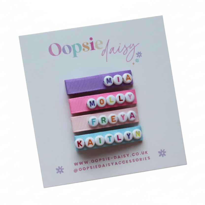 Colourful personalised name hair clip slides 