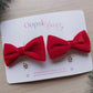 Mini red velvet bow hair clips with gold bell