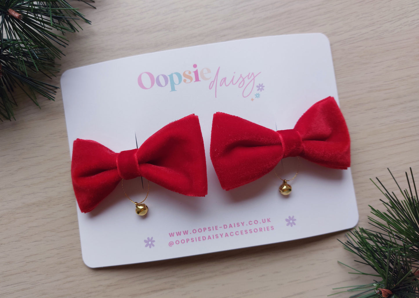 Mini red velvet bow hair clips with gold bell
