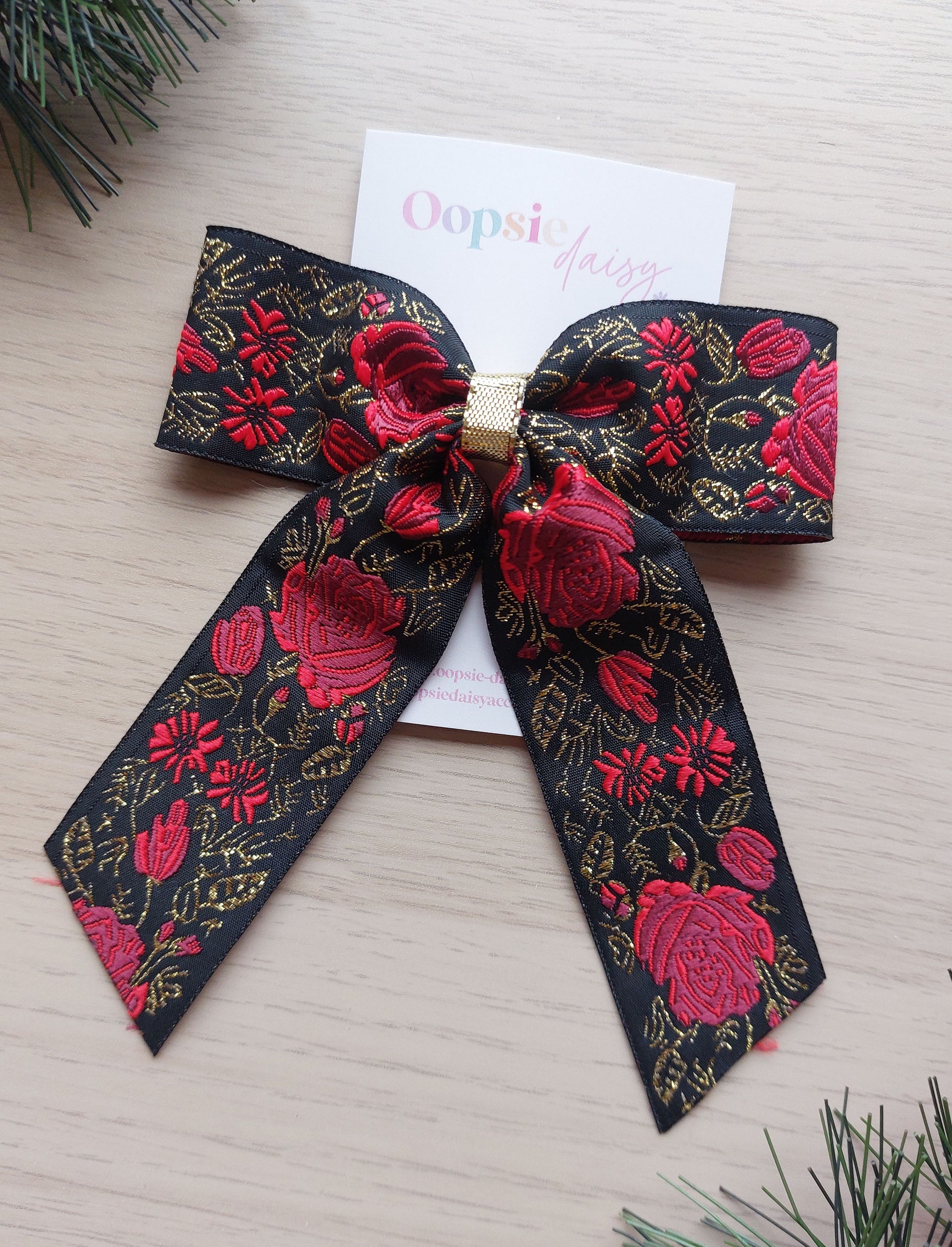 Festive floral embroidered hair bow
