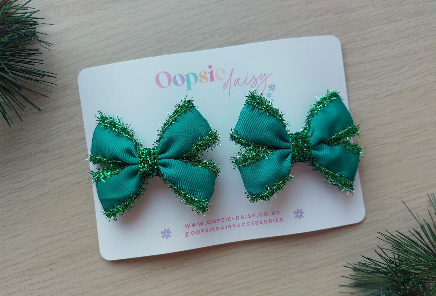 Green hair bow set with green sparkly tinsel