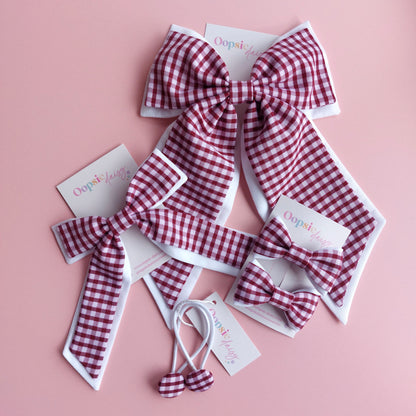 Burgundy Gingham School Hair Accessories - Bows & Bobbles