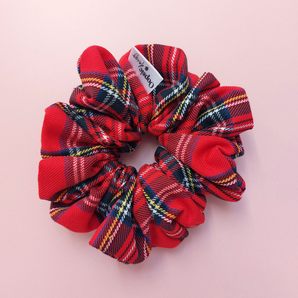 Royal Stewart tartan oversized scrunchie. Red tartan with black, yellow, blue and orange checks. 