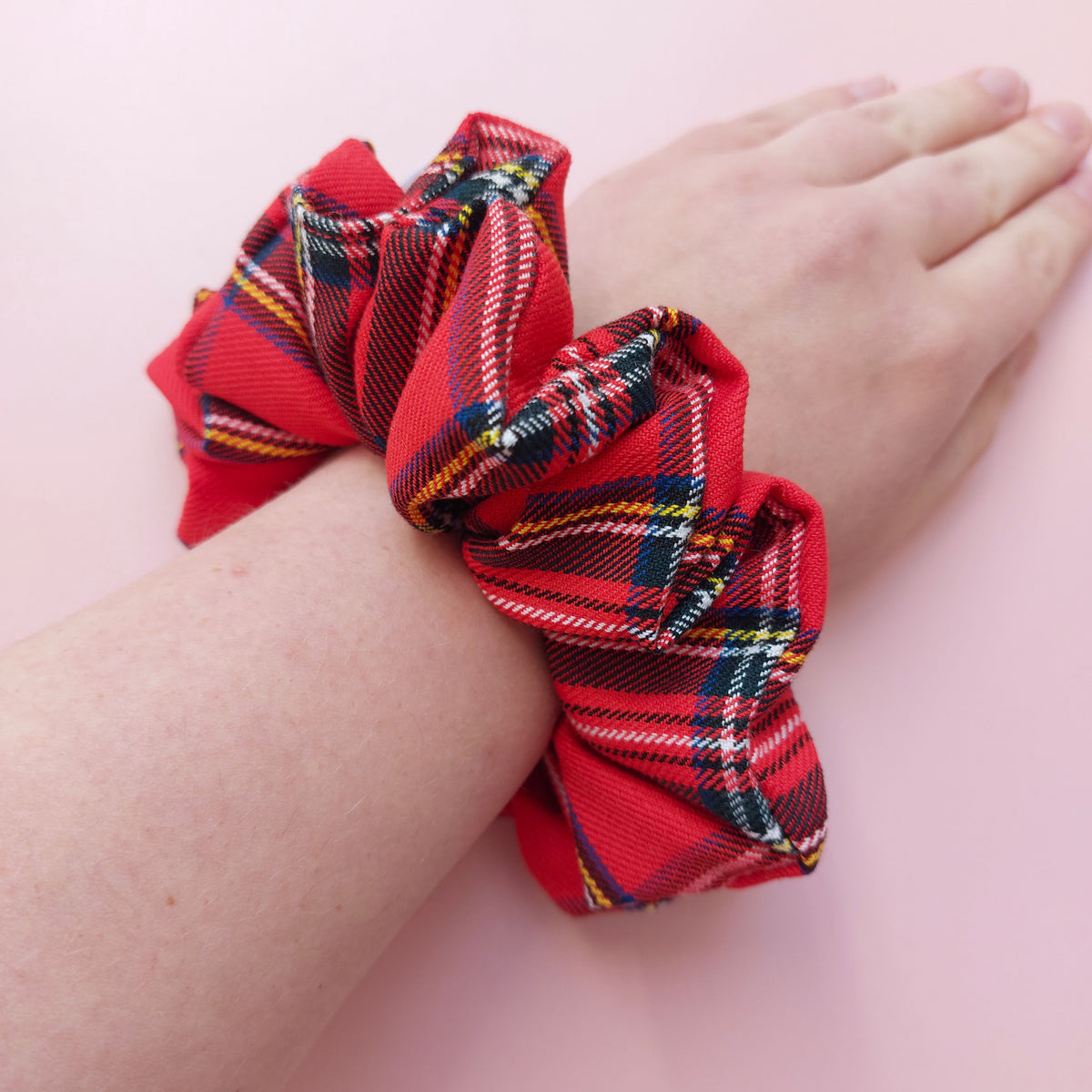 Royal Stewart tartan oversized scrunchie. Red tartan with black, yellow, blue and orange checks. 