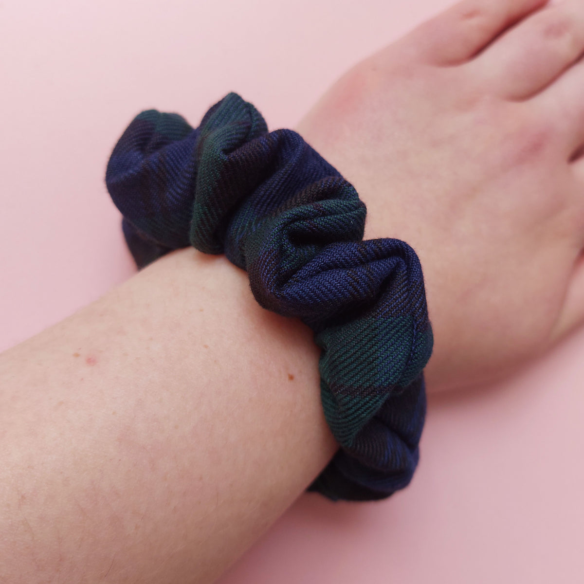 fabric hair scrunchie made from Black Watch navy and green tartan. 