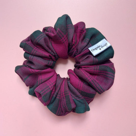 Oversized Lindsay tartan hair scrunchie in rich berry tones with dark green. 