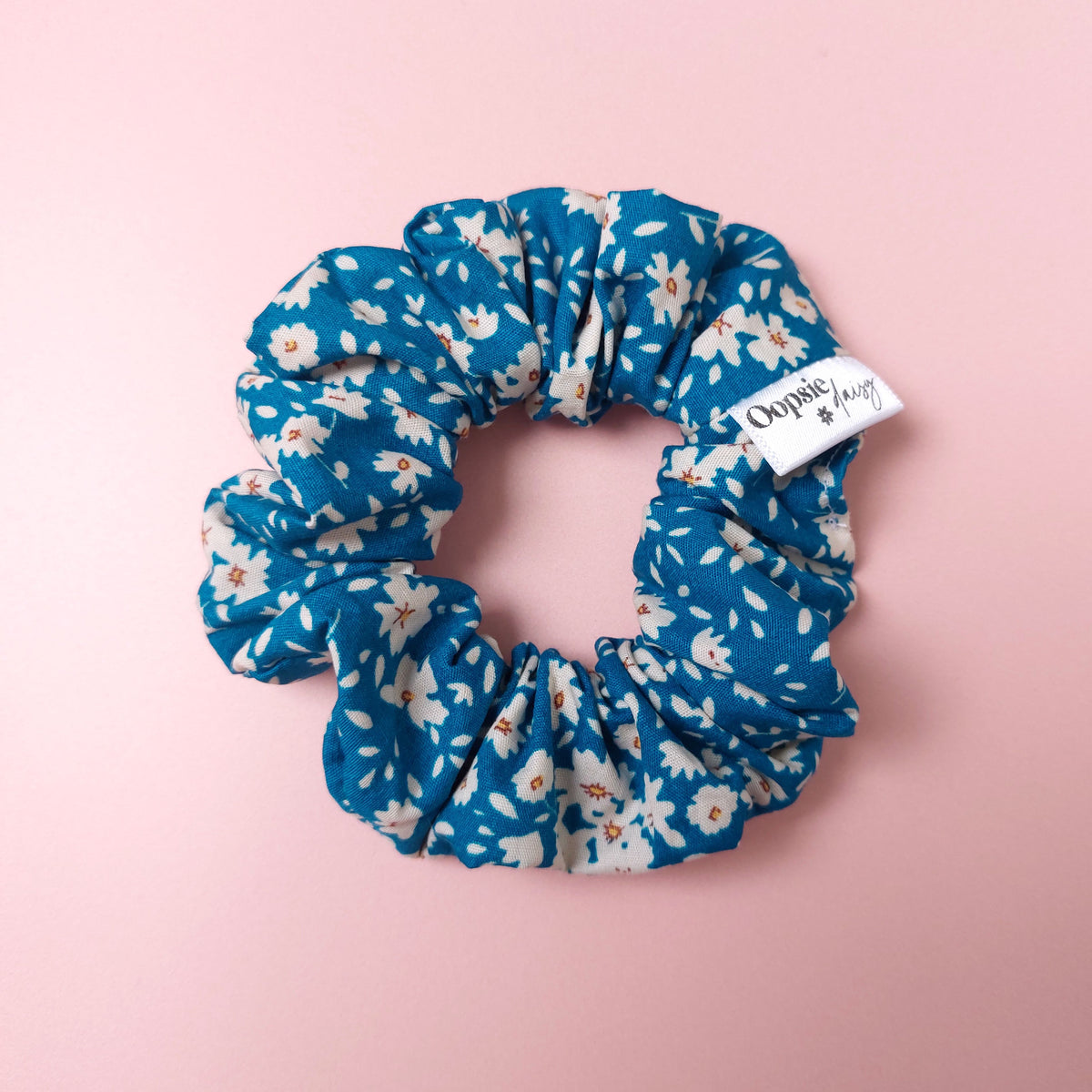 Blue hair scrunchie with ditsy off-white flowers
