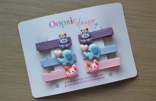 Set of colourful animal 3D hair clips