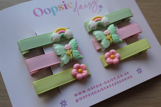 Set of colourful 3d hair clips with butterfly, flower, rainbow