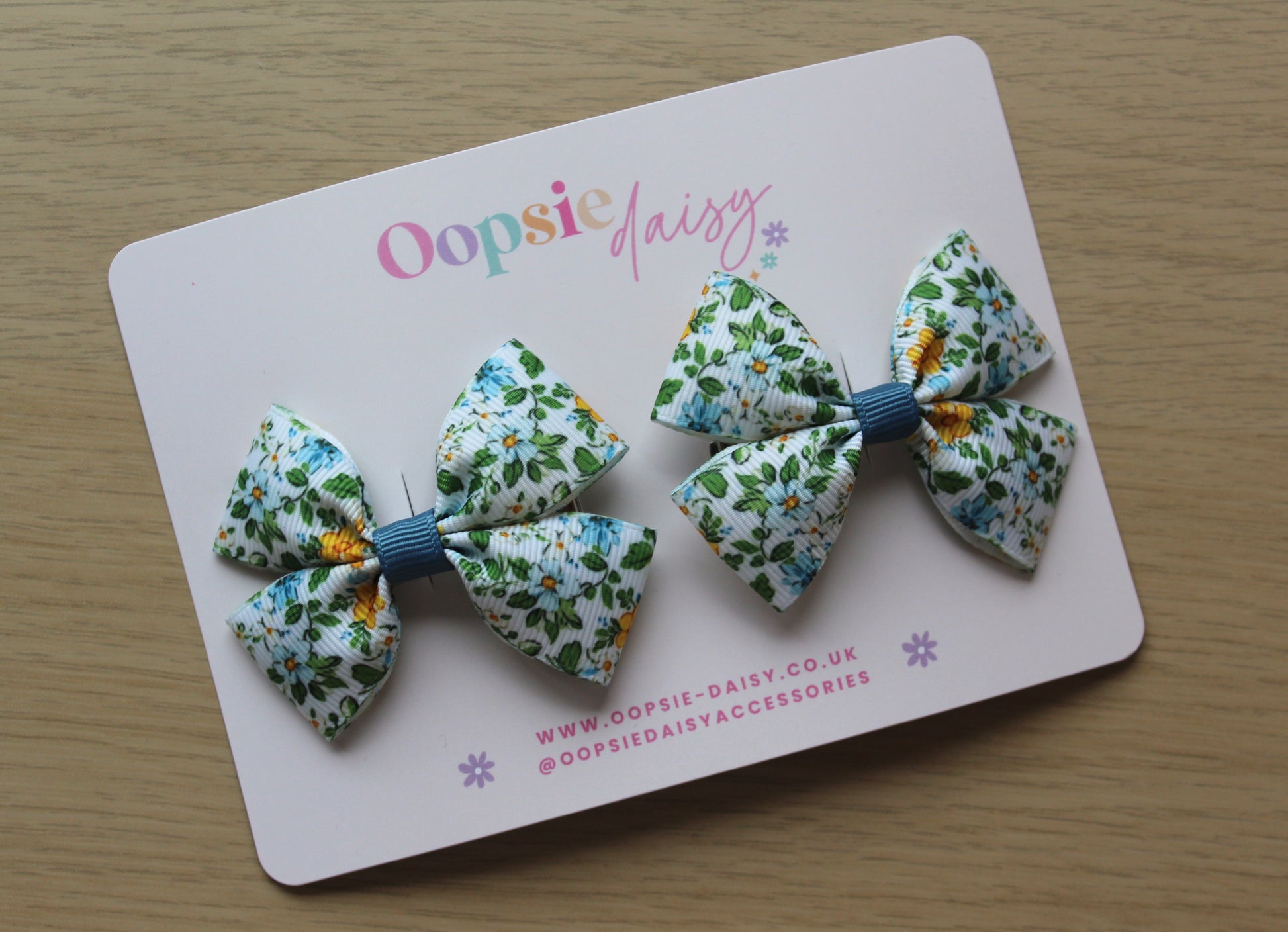 Ditsy blue floral hair bow clips