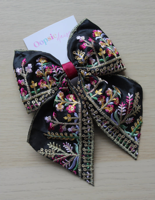 Black embroidered floral hair bow