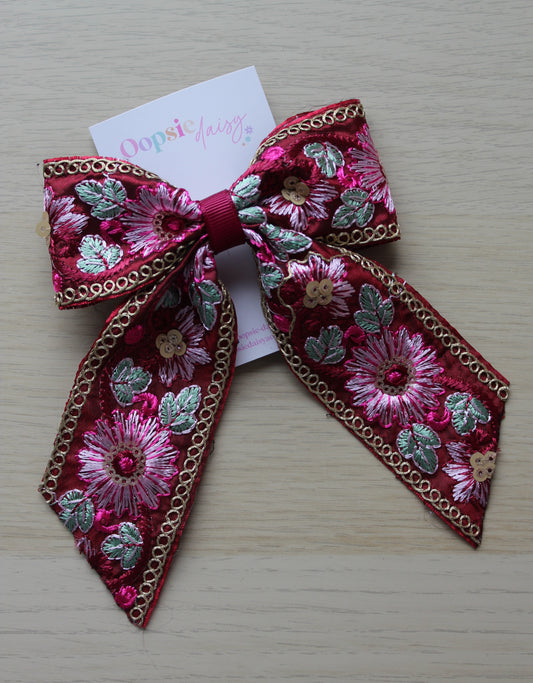 Deep Red Embroidered Hair Bow