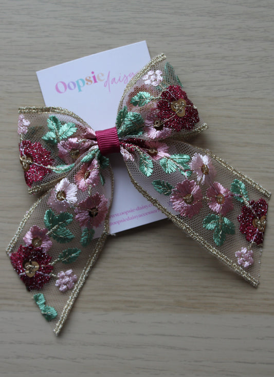 Pink & Gold Embroidered Hair Bow