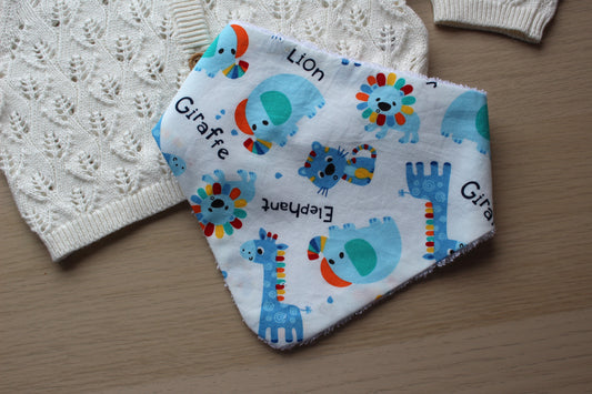 Dribble bib with blue animal designs