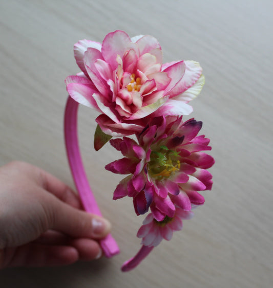 Dark pink flower headband with flowers