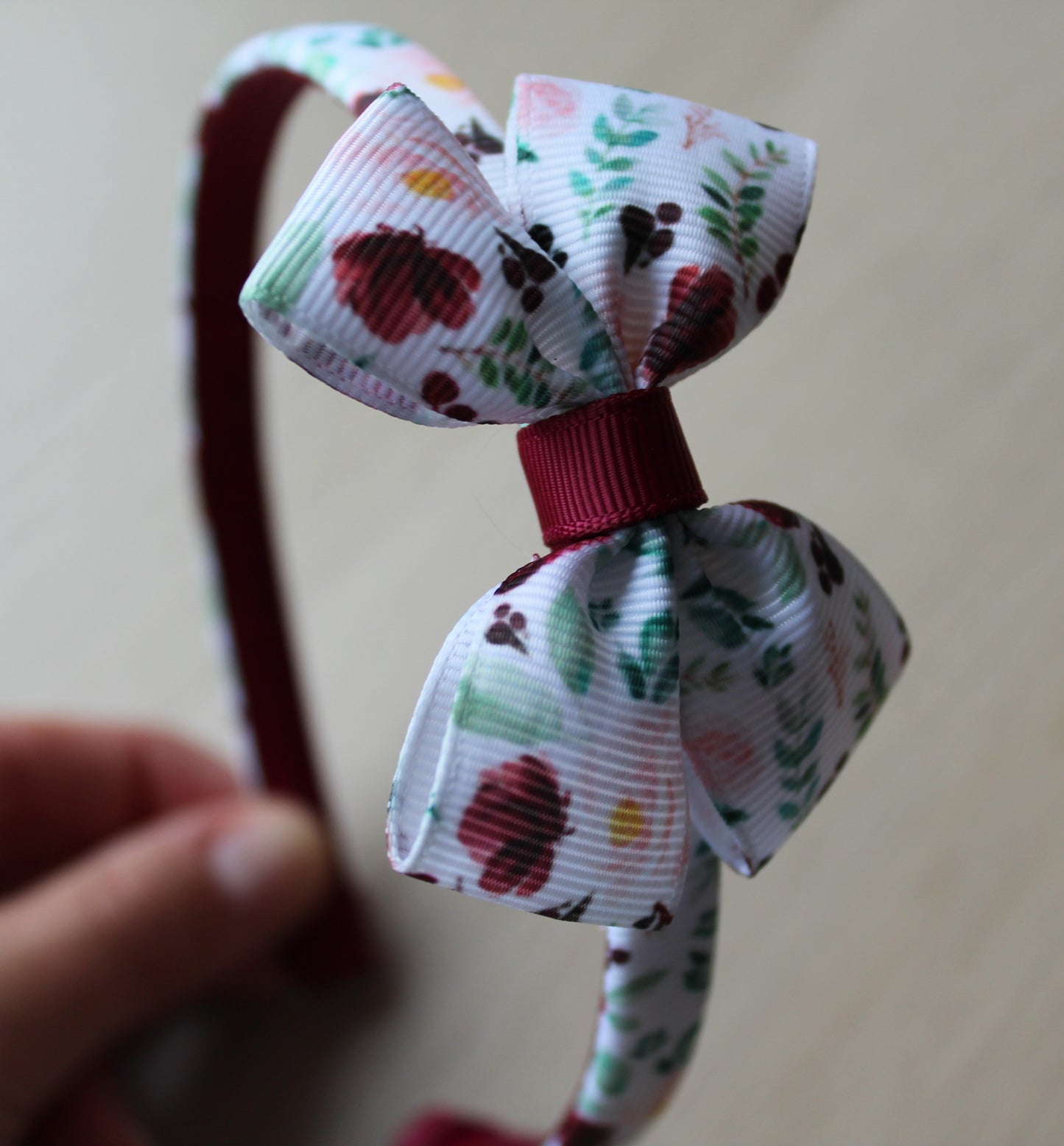 Burgundy floral patterned bow hairband