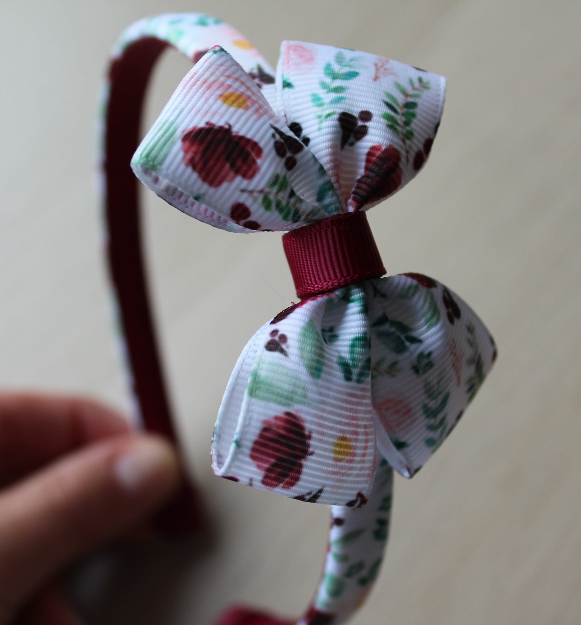 Burgundy floral patterned bow hairband