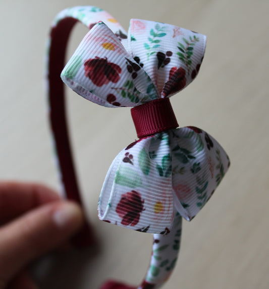 Burgundy floral patterned bow hairband