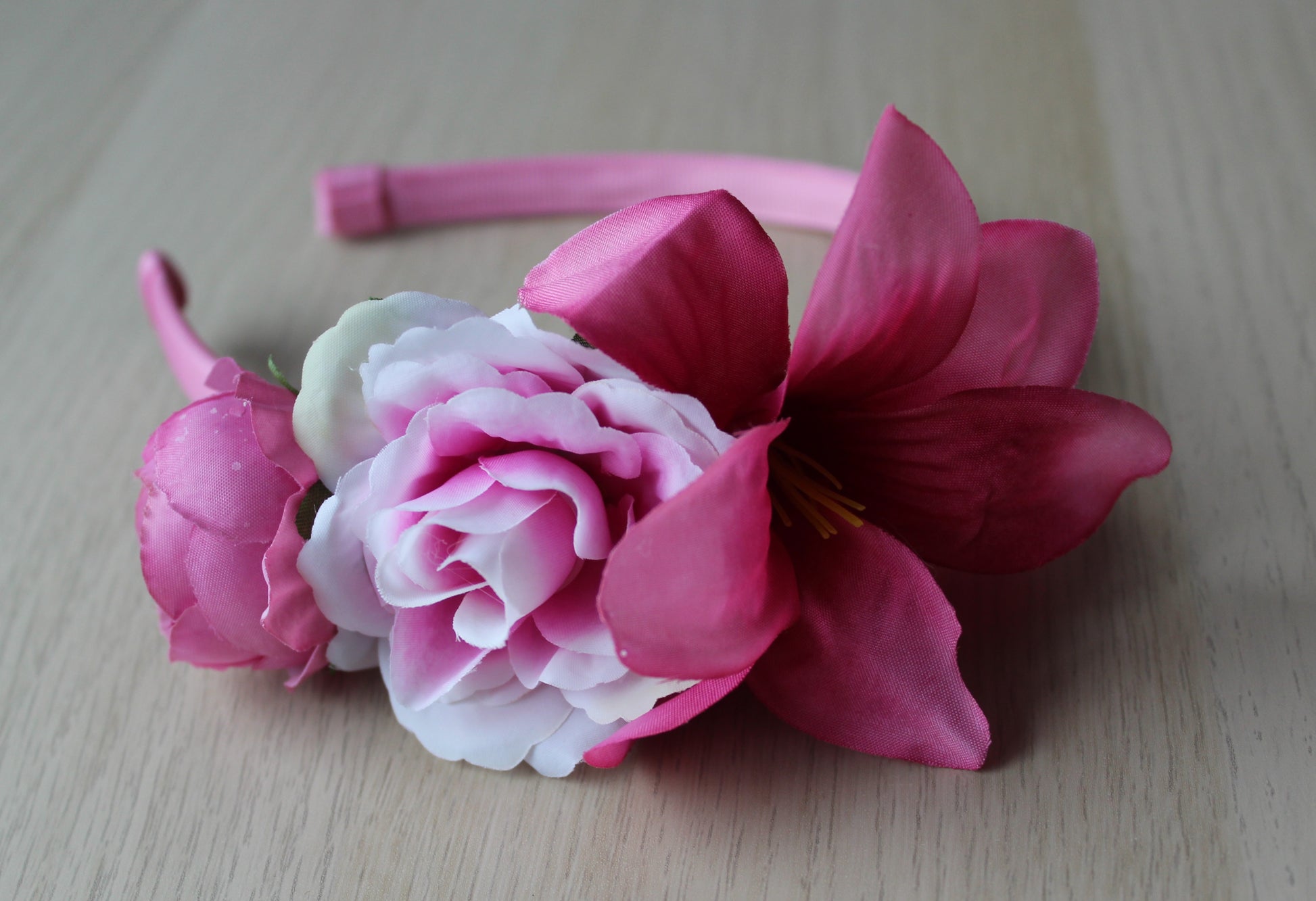 Headband with deep pink flowers 