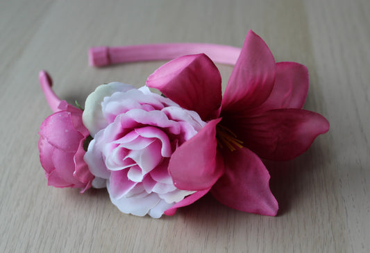 Headband with deep pink flowers 