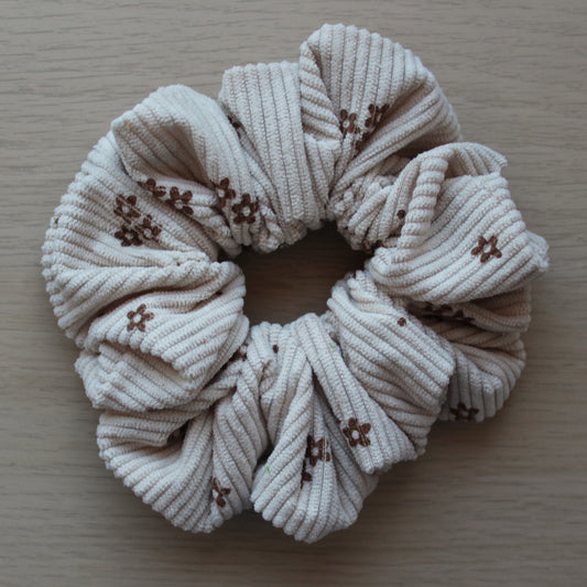 Oversized corduroy scrunchie with small brown flowers