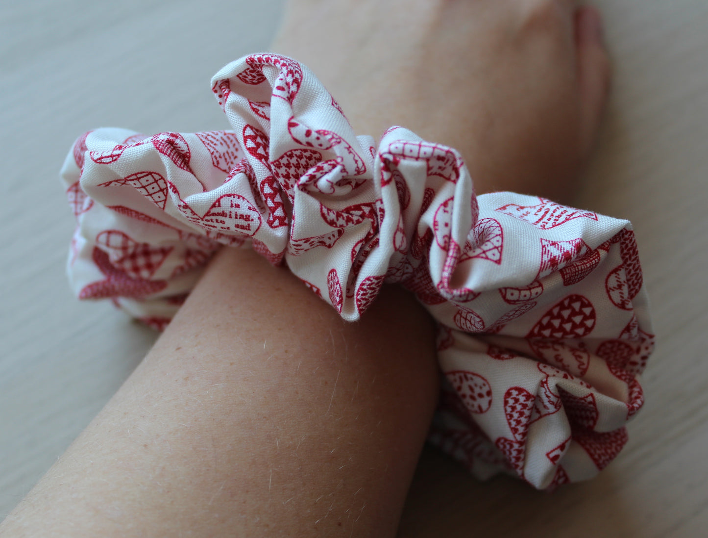 Oversized scrunchie with red heart design
