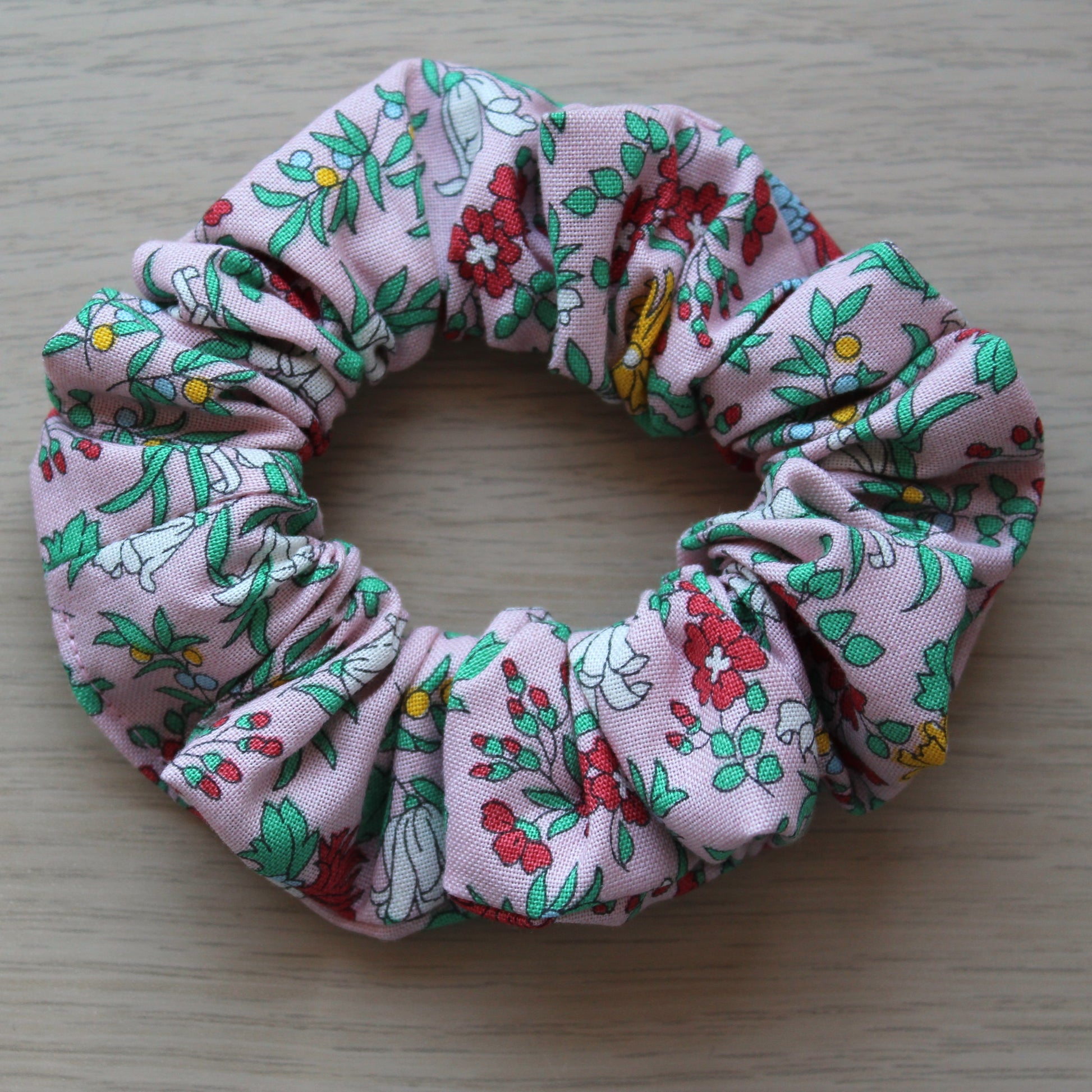 Pink floral scrunchie made with Liberty fabric