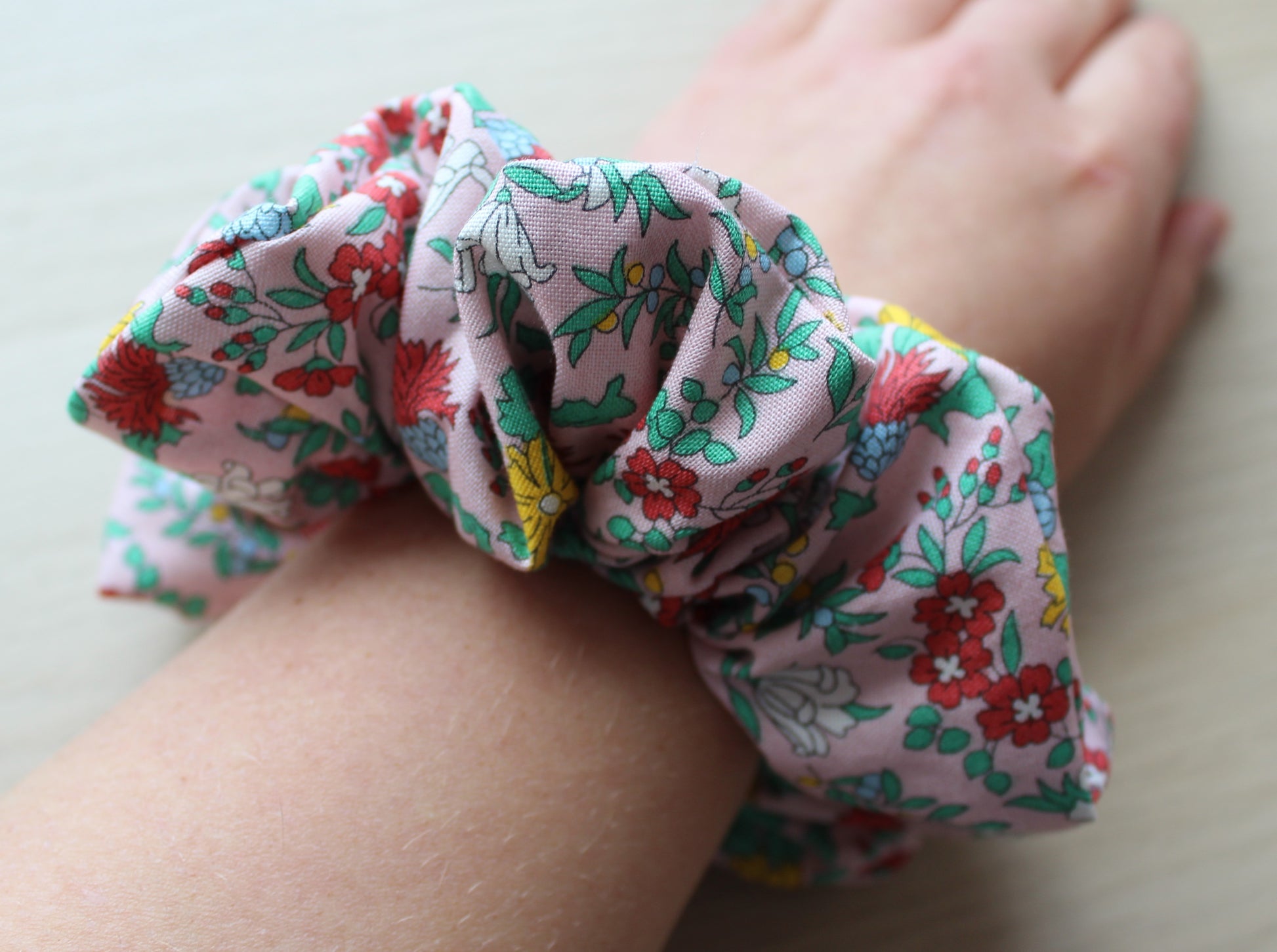 Oversized hair scrunchie in pink flower fabric