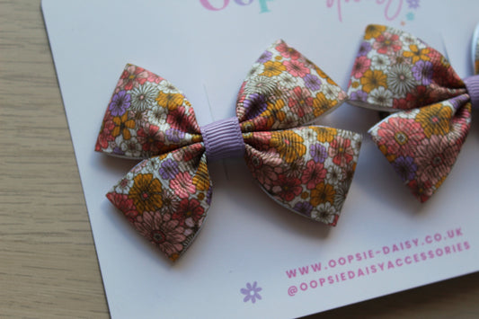 Bow hair clips in vintage ditsy autumn flowers