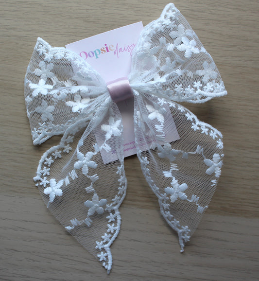 White lace bow with pink satin 