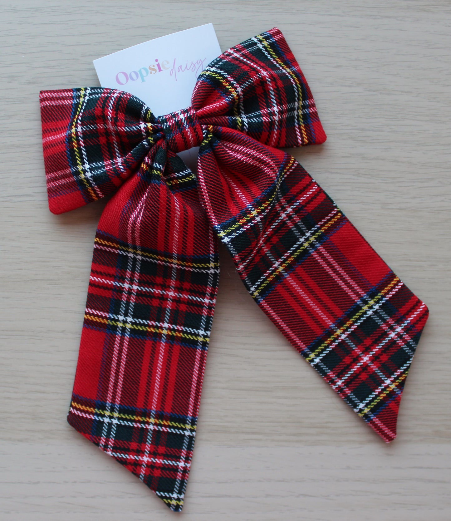 Long red tartan hair bow in Royal Stewart Tartan